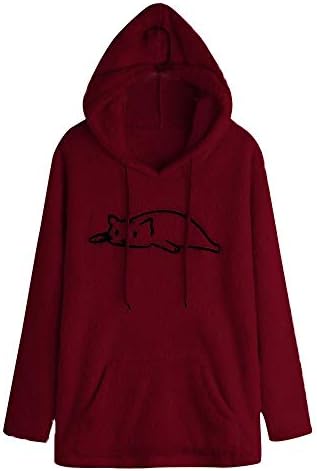 Letdown Women Casual Embroidery Cat Printed Pockets Casual Hoodies Blouse Solid Coat Outwear
