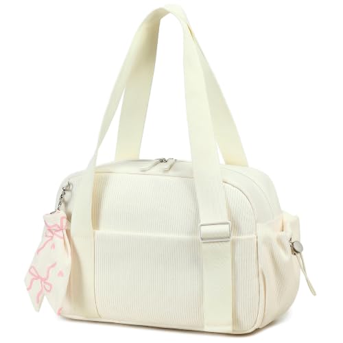 LOIDOU Small Gym Bag for Women, Mini Corduroy Sports Duffel Bag with Wet Compartment, Pink Bow Pattern, Cute Workout Yoga Dance Tote (Beige) at Amazon
