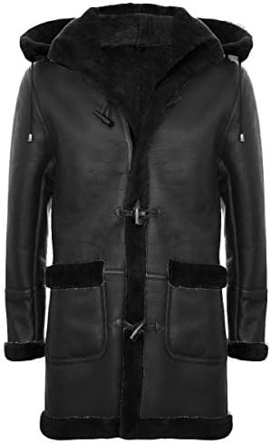 TruClothing Mens Black Real Leather Duffle Jacket Coat Toggle