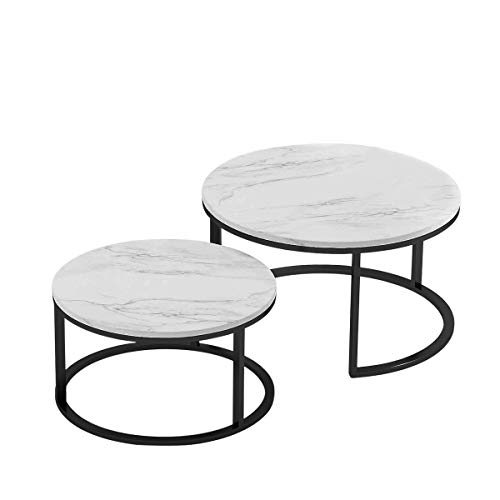 Modern Nesting Coffee Table, Marble Look Sofa Side Nest of Tables Round