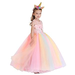 MYRISAM Niñas Disfraz de Halloween Princesa Vestido de Unicornio para Chicas Cumpleaños de Boda Carnaval de Fiesta de Cosplay Navidad Comunión Flor Vestidos de Baile con Diadema 4-15 Años