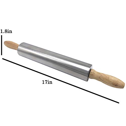 17" Nonstick Stainless Steel Rolling Pin with Wooden Handle - Perfect for Baking Dough, Pie, Pizza, Pastry and Cookies - Thumbnail 2