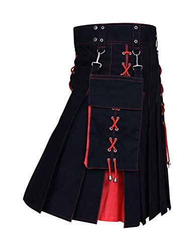 Utility Kilt Black and Red Hybrid Kilt New For Men's (38, Black/Red)