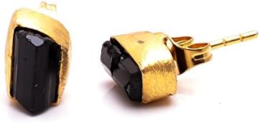 Natural BlackTourmaline Raw Gemstone Stud Earrings, Gold Plated Brass Fashion Jewelry Bse240