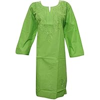 Mogul Interior Womens Indian Tunic Caftan Dress Green Embroidered Cotton Kurta XXL