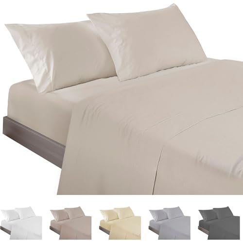 ECOMMERC3 | 4-Piece Bed Sheet Set 150 Made in Spain - Sheet Set with Fitted Sheet, Top Sheet and 2 Pillowcases 45 x 85 Beige