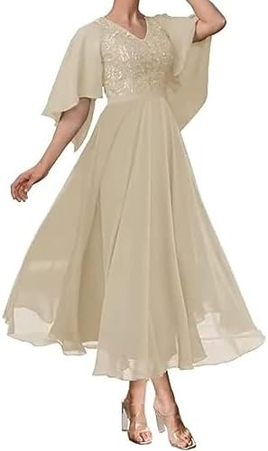champagne tea length dresses Champagne Lace Illusion Neck Sheer Sleeve Tea Length Wedding Dress, White