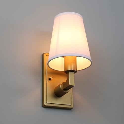 Permo Vintage Industrial Wall Sconce Indoor Wall Light Fixture with Flared Funnel Fabric Shade Nightstand Lamp for Bedroom Bedside Reading Living Room (White)