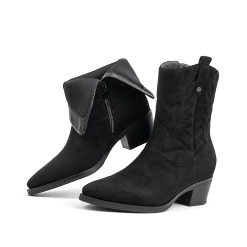 VJH confort Women's Cowgirl Mid Calf Boots Western Booties (Black,6) at Amazon