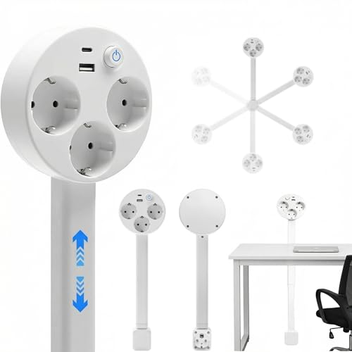 Regleta con barra de extensión extensible, 3 enchufes retráctiles con USB C y USB A para mesa, oficina, cocina, escritorio regulable en altura