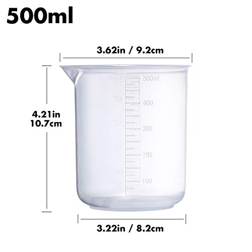 Plastic Beaker Set, 5 Sizes Low Form Measuring Graduated Griffin Polypropylene Beakers in 500 ml, 250 ml, 100 ml, 50 ml, 25 ml for Laboratory, Science Experiments with 5 Plastic Droppers in 3 mlã€‚
