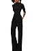 KISSMODA Womens Elegant Wide Leg Work Jumpsuits Long Fitted Romper Pants Half Sleeve with Belt (Medium, Black)