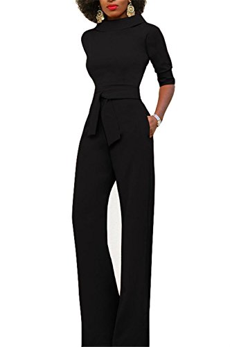 KISSMODA Womens Elegant Wide Leg Work Jumpsuits Long Fitted Romper Pants Half Sleeve with Belt (Medium, Black)