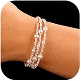 Xerling Boho Faux Pearl Bracelets for Women Adjustable Layered Bangle Bracelets Crystal Rhinestones Hand Jewelry for Bridal Wedding Elastic Stretch Hand Chains (Type A-Silver)