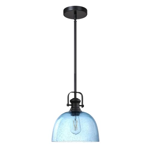 10" Blue Seeded Glass Farmhouse Black Pendant Light E26 Base UL Certified