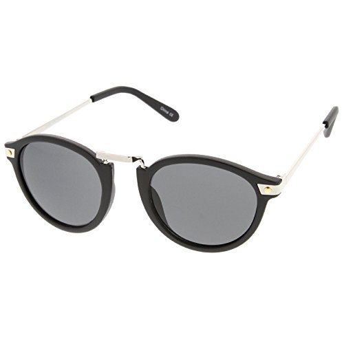 zeroUV - Retro Horn Rimmed Metal Nose Bridge P3 Round Sunglasses 50mm (Matte Black-Silver / Smoke)