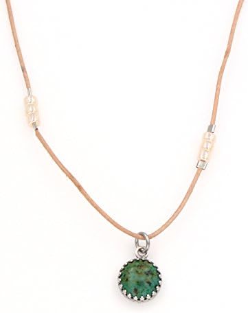 African Turquoise(Spotted Teal Jasper) Gemstone Pendant Necklace - Thin Leather Cord 0.75 & 18-in