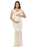 JustVH Women's Off Shoulder V Neck Short Sleeve Lace Maternity Gown Maxi Photography Dress Beige Medium