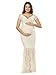 JustVH Women's Off Shoulder Short Sleeve V Neck Lace Maternity Gown Maxi Photography Dress Beige