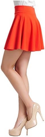 ViviClo Women’s High Waist Solid Versatile Stretchy Pleated Flared Skater skirt with safety shorts (Orange)