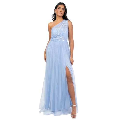 Maya Deluxe Womens Maxi Ladies One Shoulder Embroidered Sequin Embellished Tulle Split Asymmetric Bridesmaid Prom Ball Gown Dress, Light Blue, 12 UK