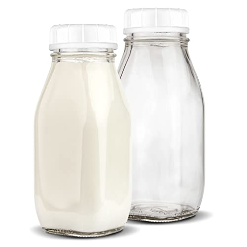 Glass Milk Bottles (2 Pack) 12Ounce Glass Milk Jars 6 Tamper Proof