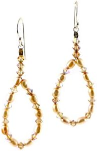 Pearl Beaded Hoop Earrings with Peach Freshwater Pearls, Champagne Swarovski Crystals | June Birthstone Earrings