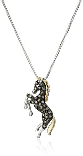 Sterling Silver and 14k Yellow Gold Brown Diamond Horse Pendant Necklace(1/7 cttw)