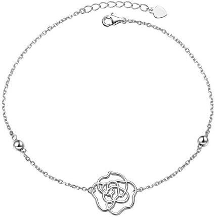 Women's Anklet S925 Sterling Silver Dainty Camellia Flower Simple Circle or Two Interlocking Infinity Circles Tiny Lace Layered Foot Chain Adjustable 9 to 10 inches