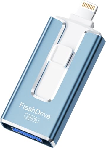 SUDEHO MFi Certified 256GB Pendrive for iPhone, 4 in 1 External Memory Pen Drive, USB 3.0 Flash Drive to Save More Photos Videos, USB C Flash Drive for iPad/iOS/Android/Mac/PC, Blue