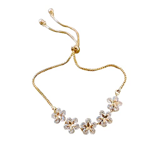 Bracelets for Women, Crystal Flower Women's Adjustable Bracelet Gold Tone Sliding Knot Chain Bracelet with Sparkling Floral Zircon Design Dainty Pull-Cord Bangle for Daily Wear Party