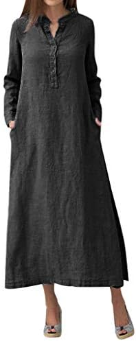 iPOGP Women Kaftan Cotton Linen Solid Long Sleeve Button Plain Casual Elegant Oversize Maxi Shirt Dress Plus