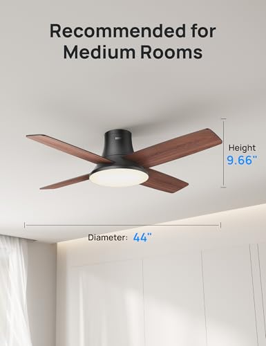 DREO Ceiling Fans with Lights and Remote, 44'' Low Profile Black Ceiling Fan for Bedroom and Living Room, 6-Level Dimmable & 5-Color Tone, 6 Speeds, Reversible DC Motor, Easy Installation, Timer