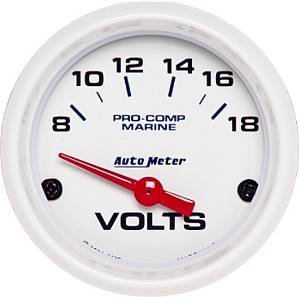 AutoMeter 200756 Marine Electric Voltmeter Gauge 2-1/16 in. White Dial Face Fluorescent Red Pointer White Incandescent Lighting Air Core 8-18V Marine Electric Voltmeter Gauge