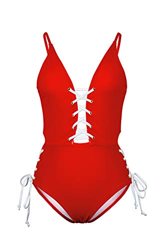 Almaree Crisscross Lace Up Open Back 1 Piece Swimsuit Plunge Swimwear for Woman Red M - Thumbnail 4