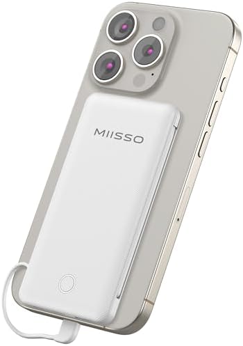 miisso 10000mAh Power Bank, Slimmest Portable Charger with Built-in Cables, USB C in&Out Charging Battery Pack, External Phone Powerbank Battery Pack Compatible with iPhone, Android Phone, White