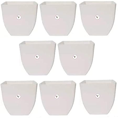 Vinshra Square Plastic Pot, White, 4 Inch, 8 Pieces