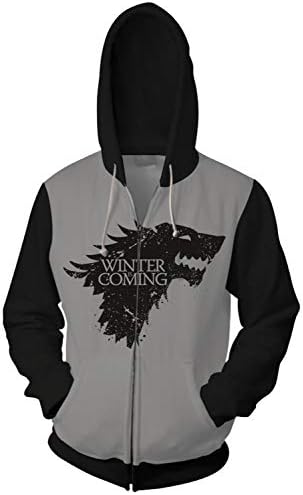 Mens Stark Direwolf Hoodie Jacket GoT House Cosplay Casual Zip Up Hooded Sweatshirt Costume