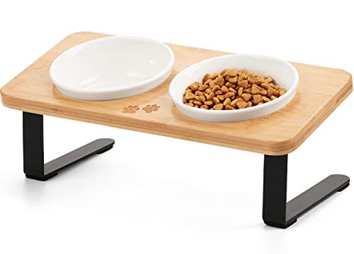 Ceramic Elevated Cat Bowls, 15° Tilted Raised Cat Food Bowls for Food and Water, Indoor Cat Dishes with Bamboo Stand Anti Vomiting for Cats and Puppy, Pet Bowl Set with Anti Slip Feet, Dishwasher Safe