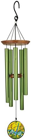 AWCL Wind Chime with Sun Catcher - Attractive and Musical with Solid Wood Hardware, Tuned Anodized Pipes and Stained Glass (28”, Green with Dragonfly)