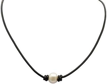 White Cultured Freshwater Pearl Choker Leather Necklace,14'',15'',16'' black necklace (16)