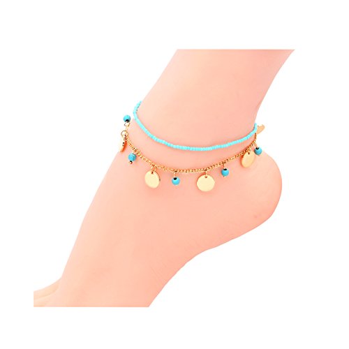Zealmer Layered Gold Chain Anklet Turquoise Color Beads Ankle Bracelet Beach Foot Jewelry