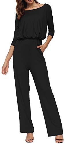 Zaoqee Women's 3/4 Sleeve Casual Loose Jumpsuit Wide Legs Romper with Pockets