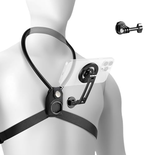 NEEWER Magnetic Neck Holder for Action Camera & Phone, Hands Free Neck Mount with Chest Strap Compatible with GoPro DJI Insta360 iPhone, Neck Phone Holder for POV Vlog Video Recording, GP26