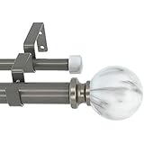 Meriville 1-Inch Diameter Double Window Treatment Curtain Rod, White Marble Ball Finial, 48-inch to 84-inch Adjustable, Gunmetal