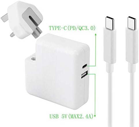 USB-C 65W/61W Type C Power Adapter Charger, With One USB Port (5V mobile phone charger) for MacBook/Pro, Lenovo, ASUS, Acer, Dell, Huawei, HP and Other Laptops or Phones with USB C- CE FCC UL Listed