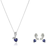 10k White Gold Created Blue Sapphire and Diamond Accent Leaf Heart Pendant Necklace and Earrings Jewelry Set, 18"