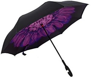 Double Layer Reversible Umbrella, Inverted Waterproof Folding Umbrella With C-Shape Handle For Car Travel Rain Golf Windproof UV Protection with Carry Bag Free (Dark purple)