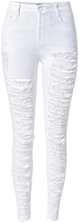 Betusline Fashion Women's Ripped Hole Denim Long Jeans Denim Trousers White