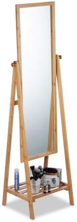 Relaxdays Bamboo Free-Standing Mirror, Swivel-Mounted, Bedroom Mirror with Drawer, HWD: 160x40x36 cm, Natural